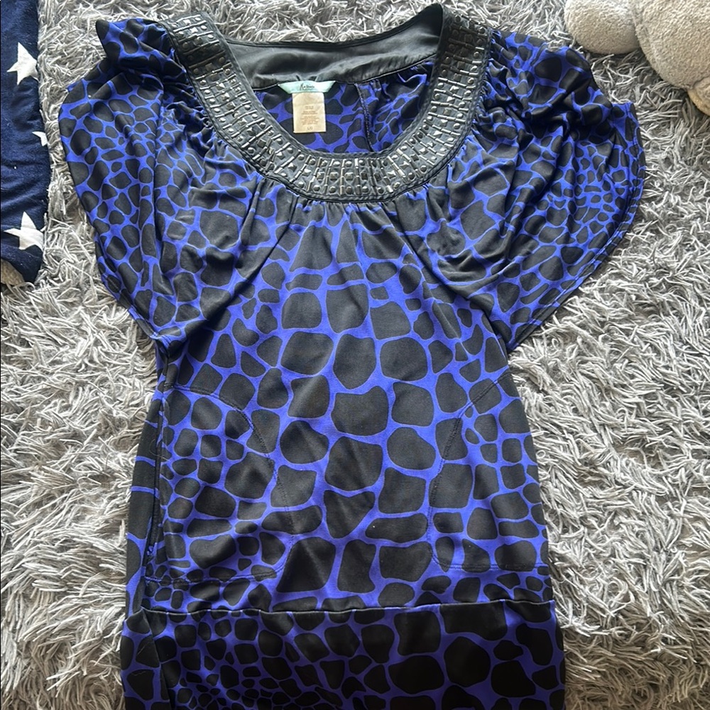 Blue and Black Patterned Dress with Embellished Neckline